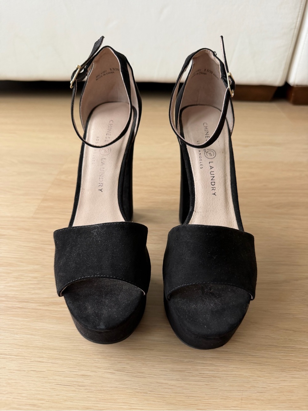 Chinese Laundry Black Suede Open-Toe Platform Ankle-Strap Heels